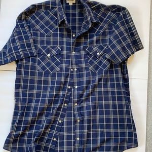 Ely Cattleman Shirt Short Sleeve Lightweight Blue Plaid Pearl Snap Button Up